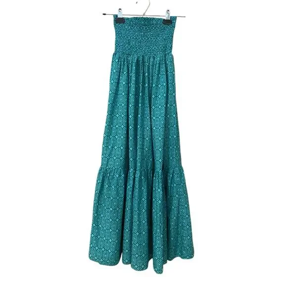 Zara Matching Set Maxi Skirt Crop Blouse XS Blue Green Print Dress 100%  Cotton